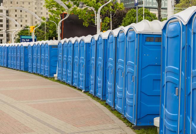 a line of portable restrooms set up for a wedding or special event, ensuring guests have access to comfortable and clean facilities throughout the duration of the celebration in Azusa